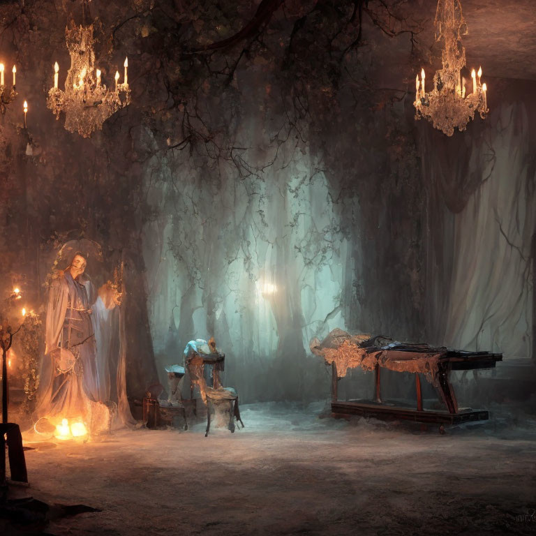 Ethereal room with tree roots, chandeliers, ghostly figure, and cobweb-d