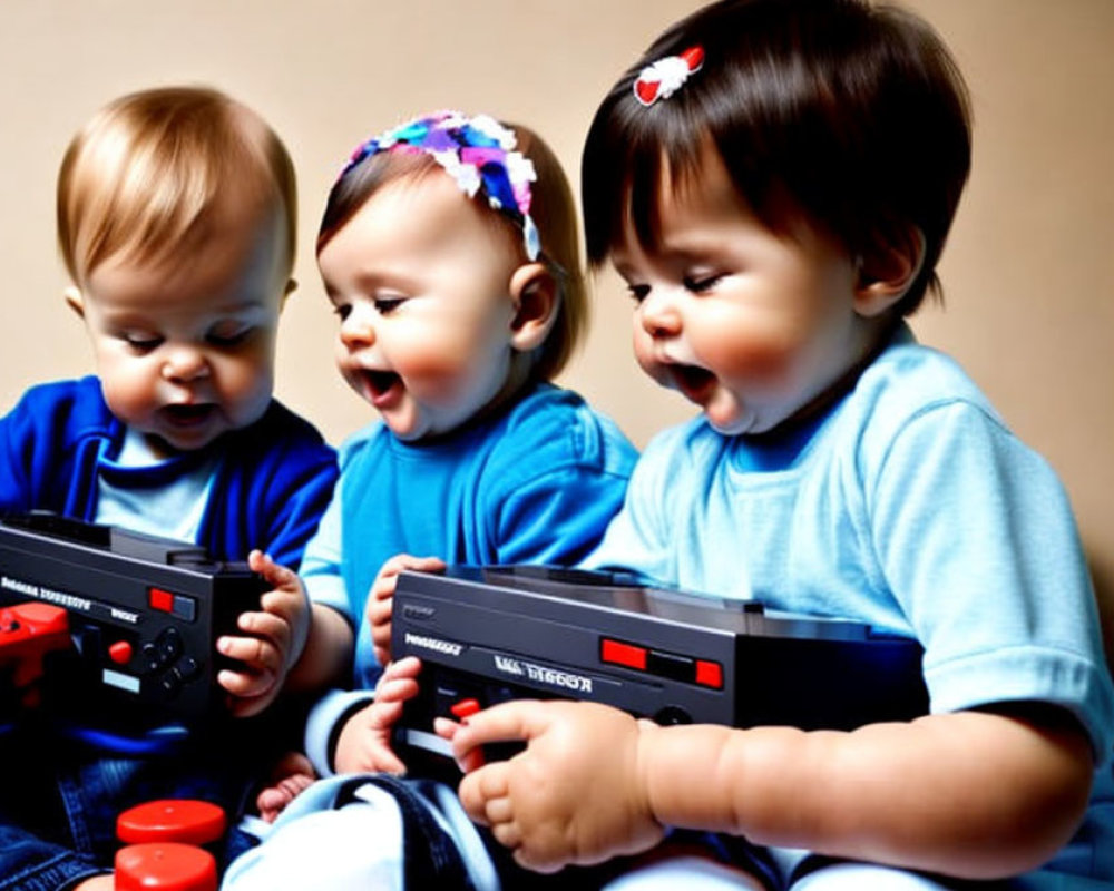Three Babies Holding Vintage Game Controllers with Joyful Expressions