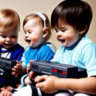Three Babies Holding Vintage Game Controllers with Joyful Expressions