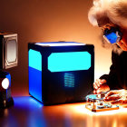 Elderly Person Solving Colorful Rubik's Cube with 3D Glasses and LED Speakers