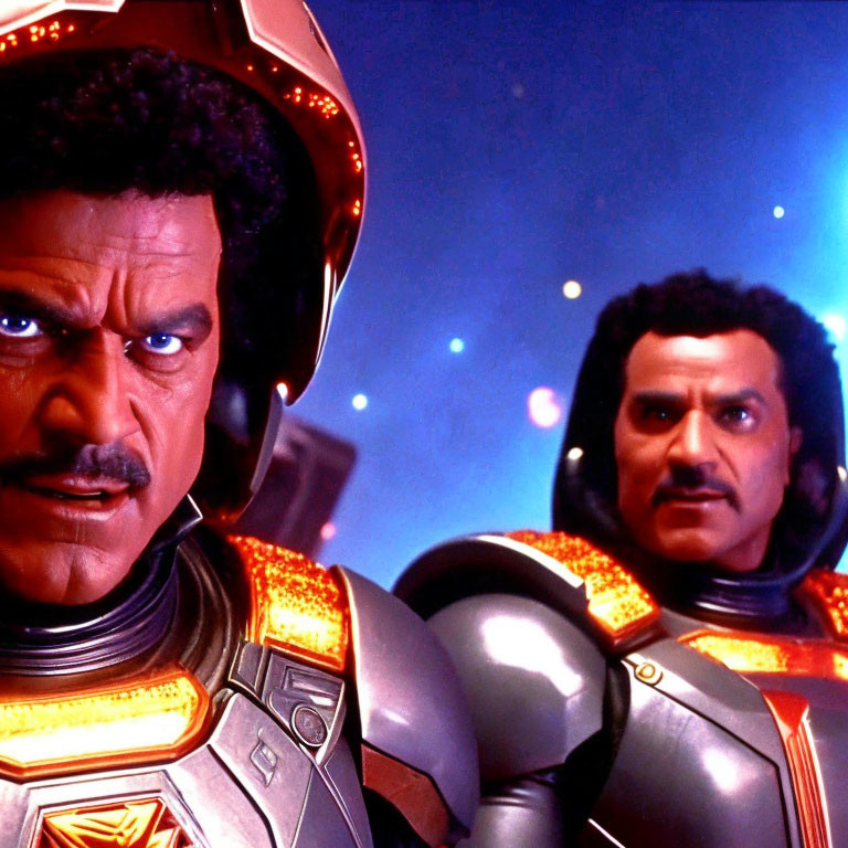 Two individuals in futuristic armor against starry background, one focused and the other serious.