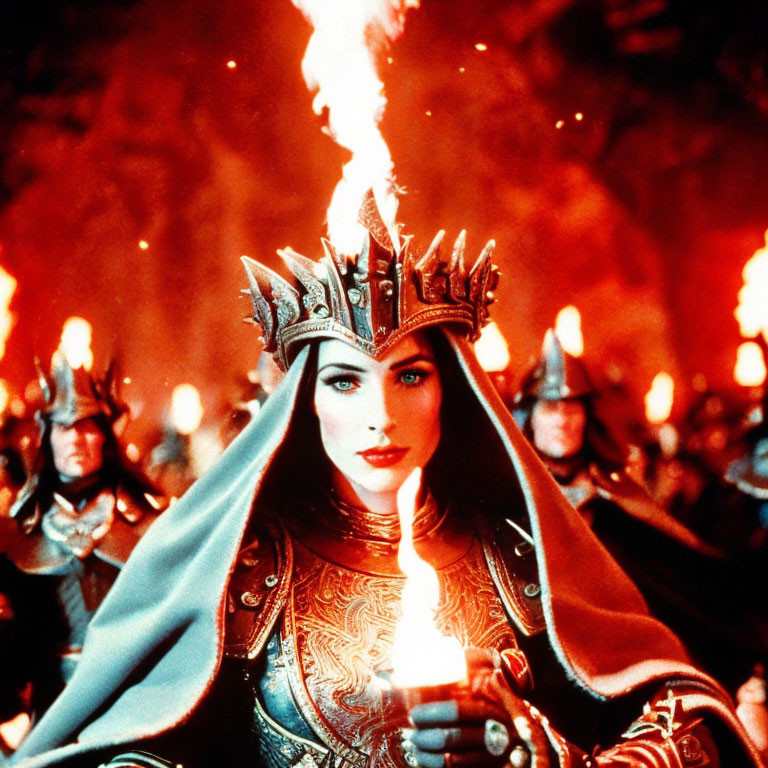 Regal woman in armored dress with soldiers in fiery setting