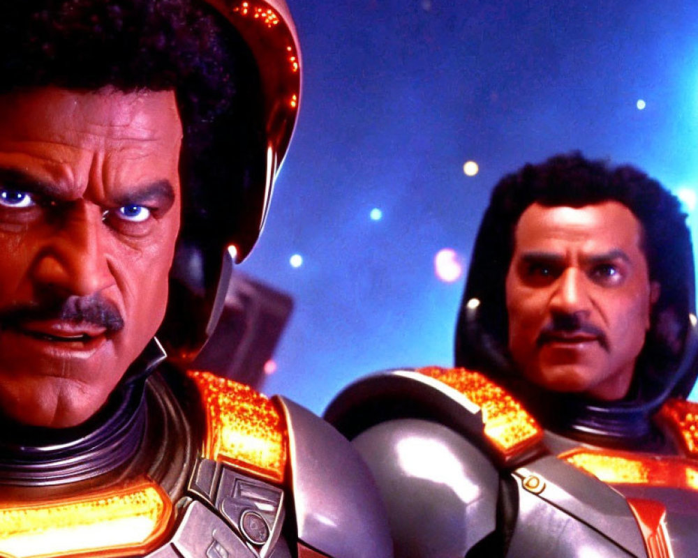 Two individuals in futuristic armor against starry background, one focused and the other serious.