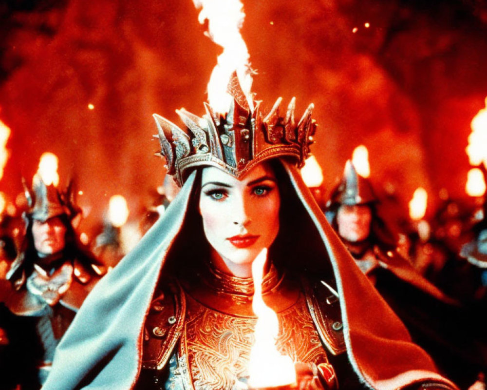 Regal woman in armored dress with soldiers in fiery setting