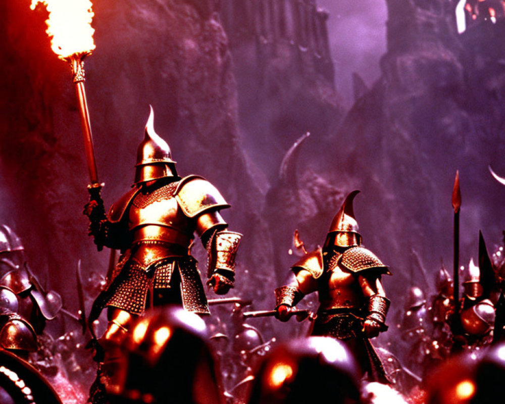 Armored knights with flaming torch in front of dark castle in fiery landscape