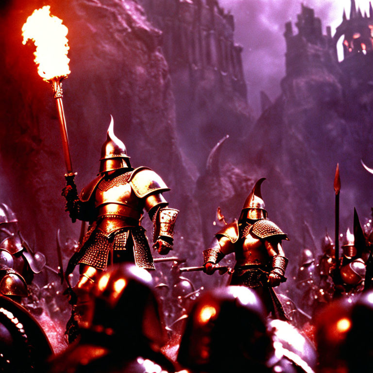 Armored knights with flaming torch in front of dark castle in fiery landscape