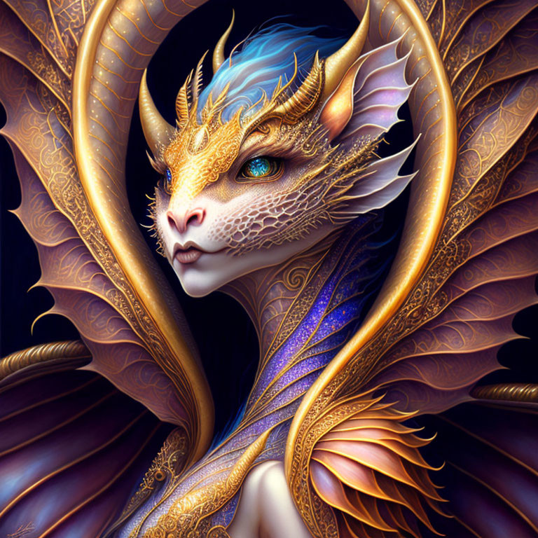 Fantastical dragon art with golden designs and blue scales