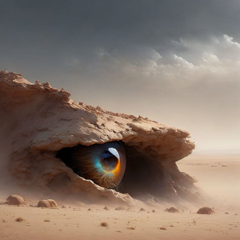 Surreal giant human eye in rocky desert landscape