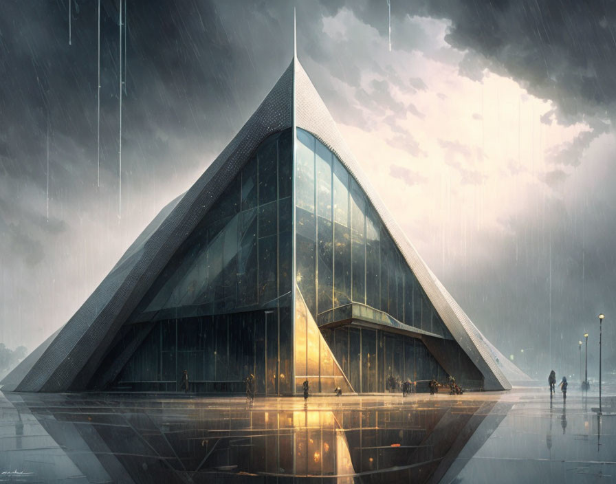 Modern glass building in rain with reflective surroundings