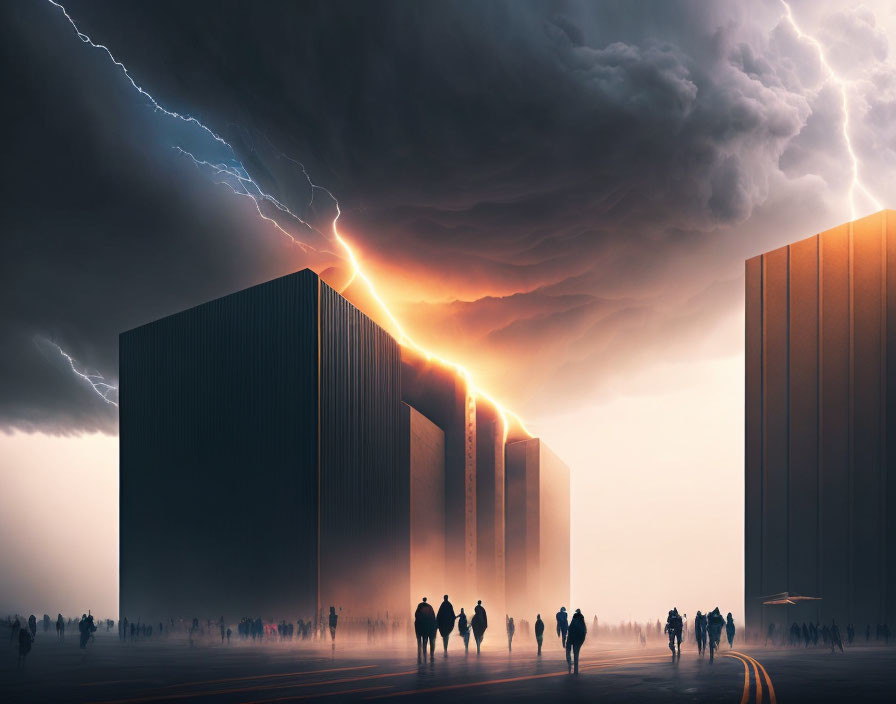 People walking towards monolithic buildings under stormy sky with lightning and sunbeam
