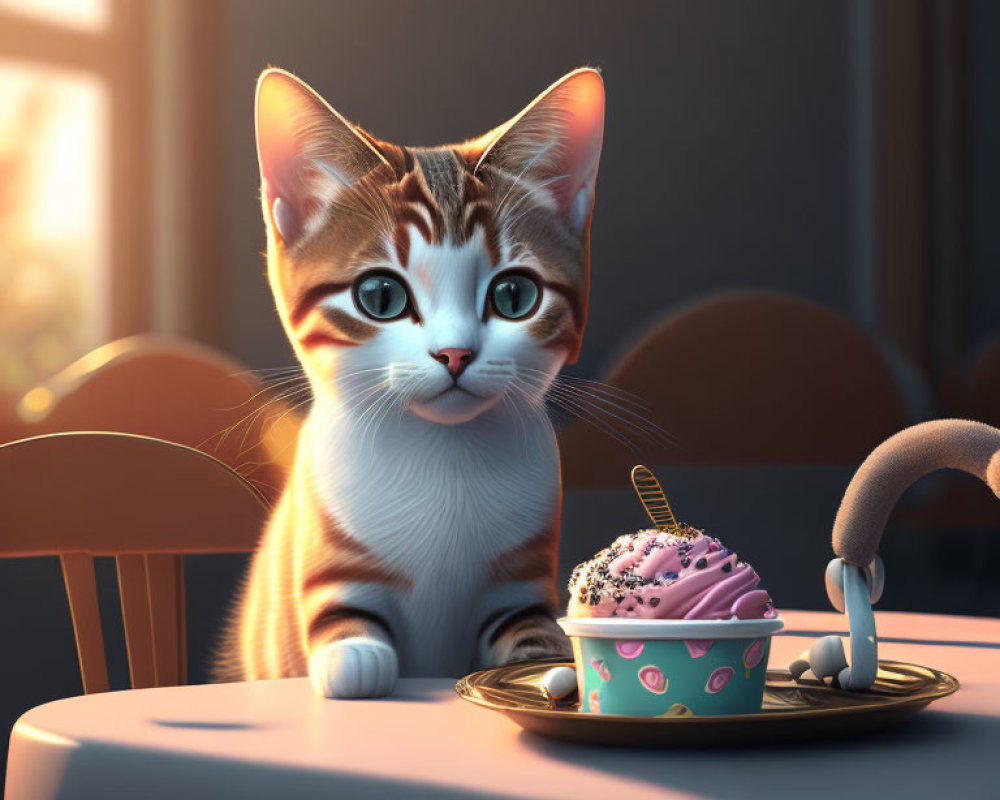 Animated cat with cupcake and cream dispenser in warmly lit room
