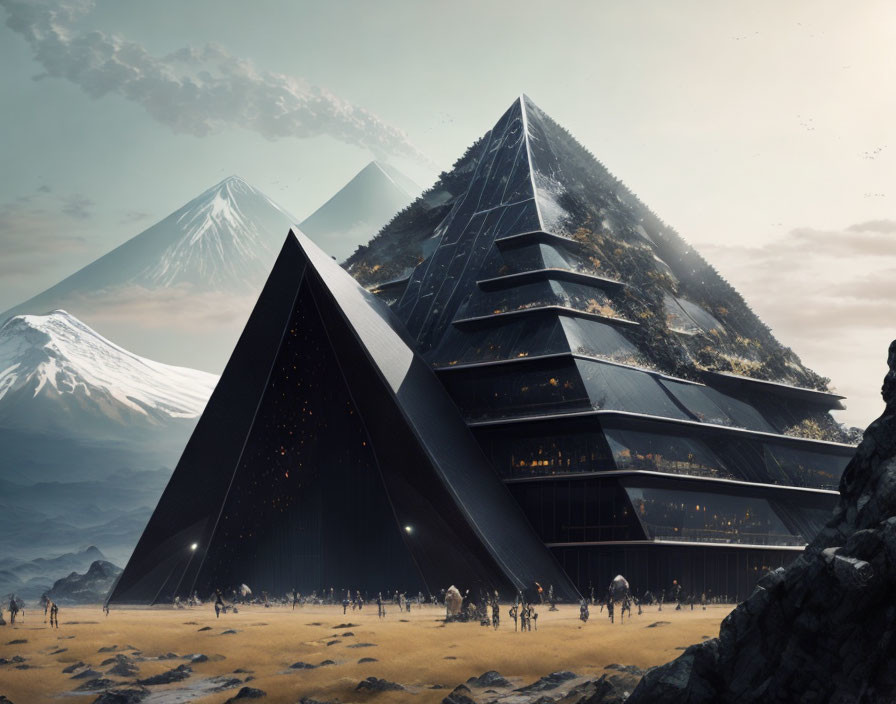 Futuristic pyramid structure with terraced greenery and snow-capped mountains in the background