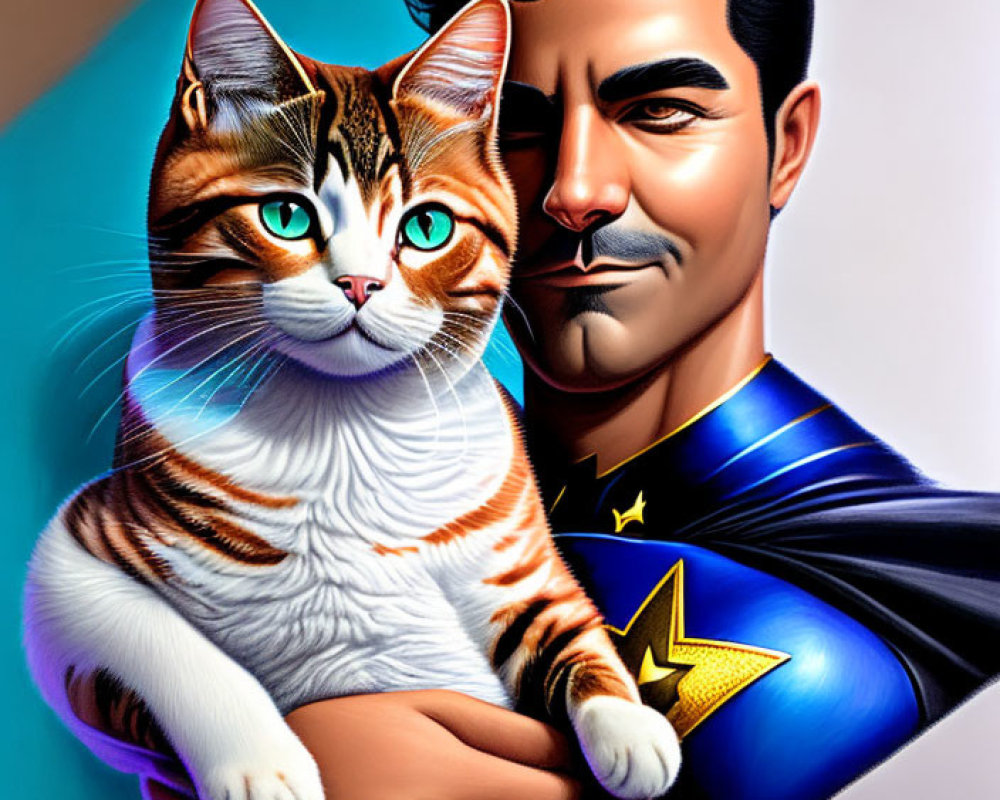 Superhero in blue and gold suit holding orange and white cat