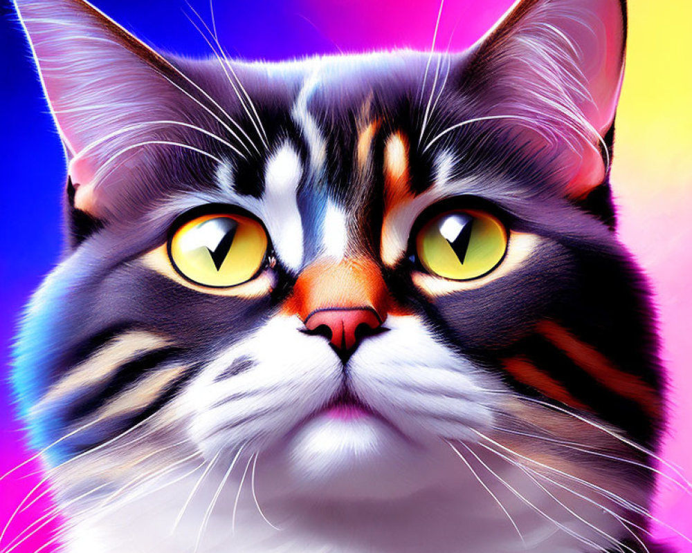 Colorful digital cat art with yellow eyes in vibrant background