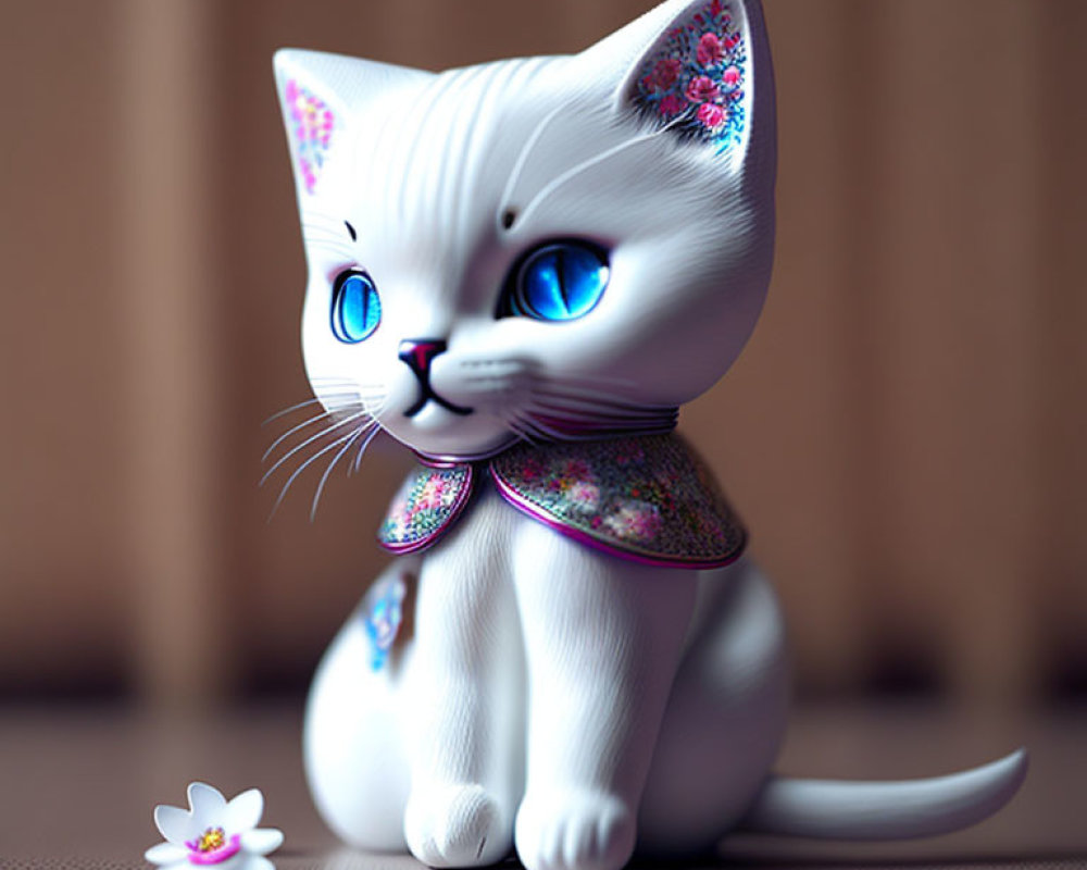 White Cat Figurine with Blue Eyes, Floral Patterns, Pink Bow, and Flower