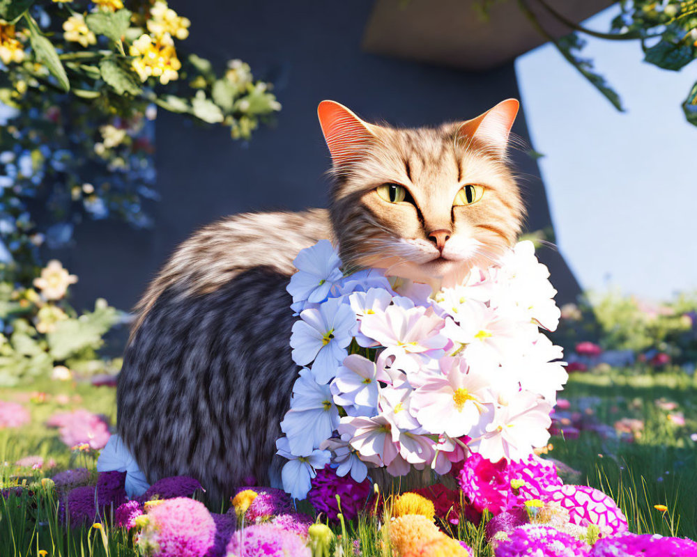 Tabby Cat with White Flower Collar Among Colorful Garden Flowers