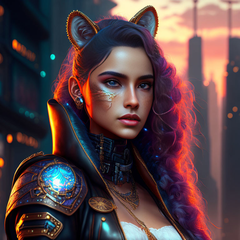 Digital Art: Woman with Cat Ears & Glowing Mechanical Arm