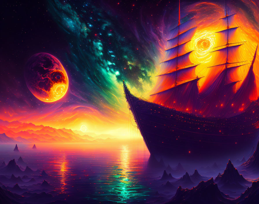 Fantasy art of sailing ship on cosmic sea with starry sky, vibrant nebula, moon,