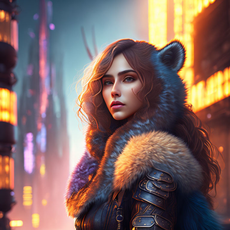 Woman in fur-lined hood against futuristic cityscape with striking eyes