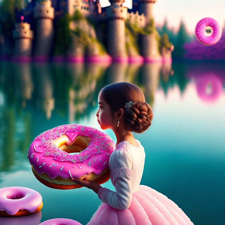 Girl in pink dress with giant doughnut by castle's reflective lake