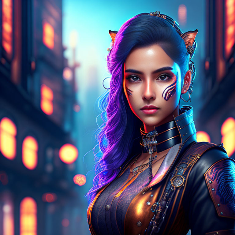 Digital artwork: Woman with feline ears, purple hair, cybernetic elements, glowing tattoos in