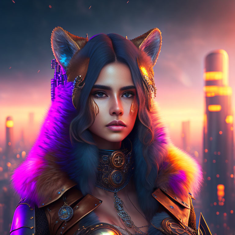 Digital art portrait of woman with cat ears, blue hair, futuristic armor, neon cityscape background