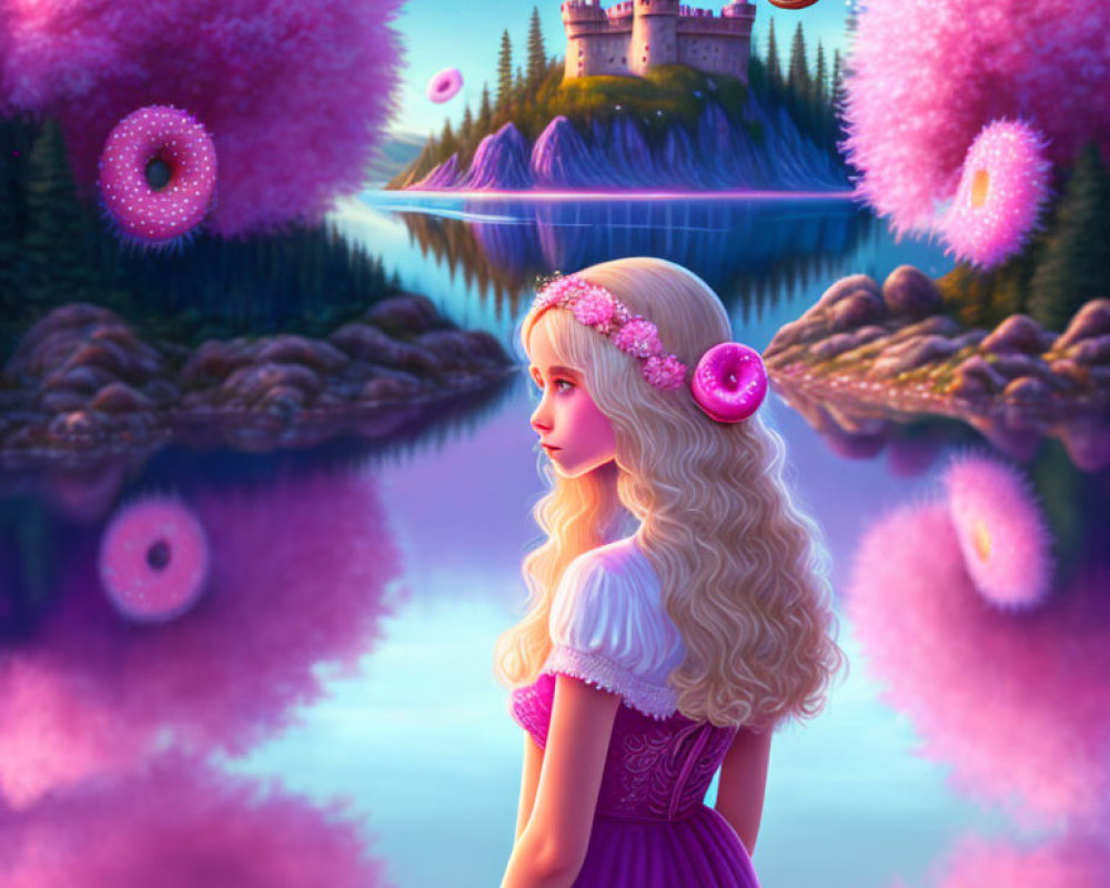 Woman in Purple Dress with Floral Crown Gazing at Magical Castle by Reflective Lake