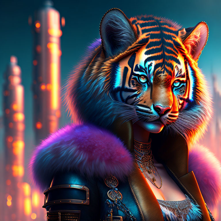 Humanoid tiger in stylish armor with blue eyes in futuristic cityscape