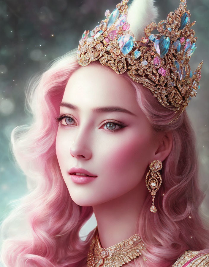 Portrait of woman with pink hair and jeweled crown in soft, ethereal lighting