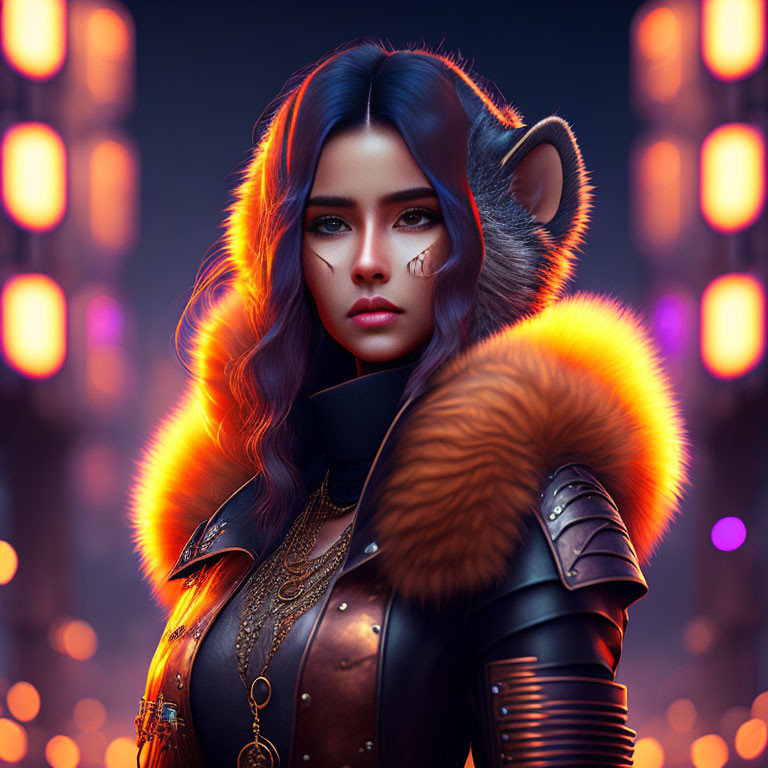 Digital Artwork: Woman with Blue Hair and Wolf-like Ear in Futuristic Armor Against Neon Lights