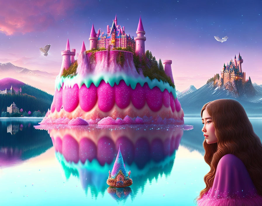 Long-haired woman gazes at whimsical castle on floating island above reflective lake