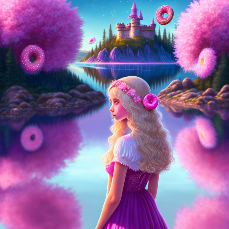 Woman in Purple Dress with Floral Crown Gazing at Magical Castle by Reflective Lake