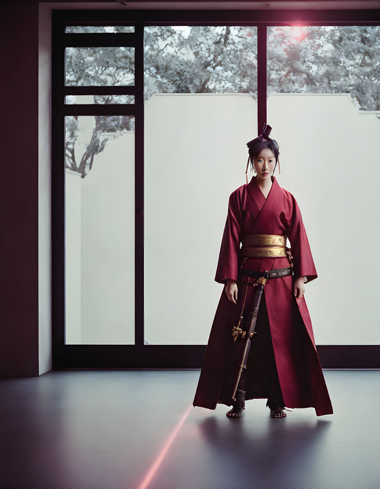 Traditional Japanese attire figure with katana in modern room overlooking tree