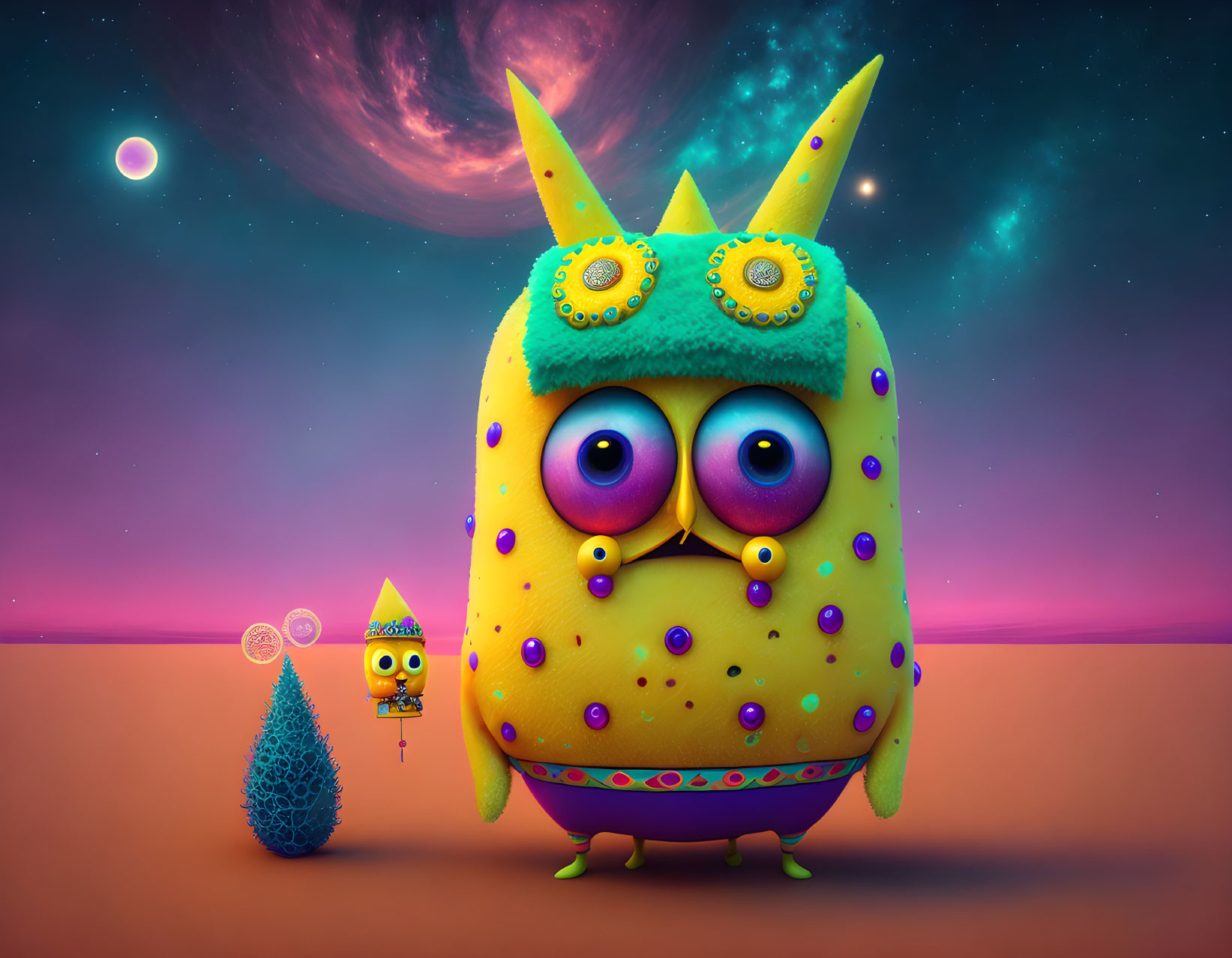 Colorful Creatures in Surreal Alien Landscape with Planet