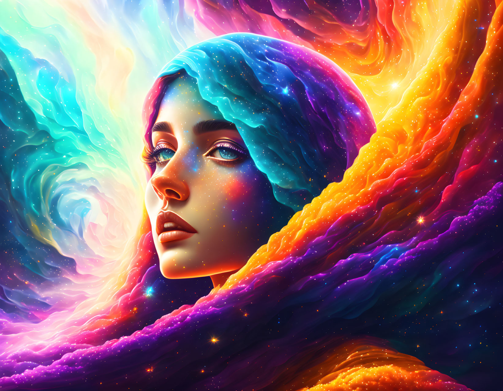 Vivid digital artwork of woman's profile blending with cosmic nebula