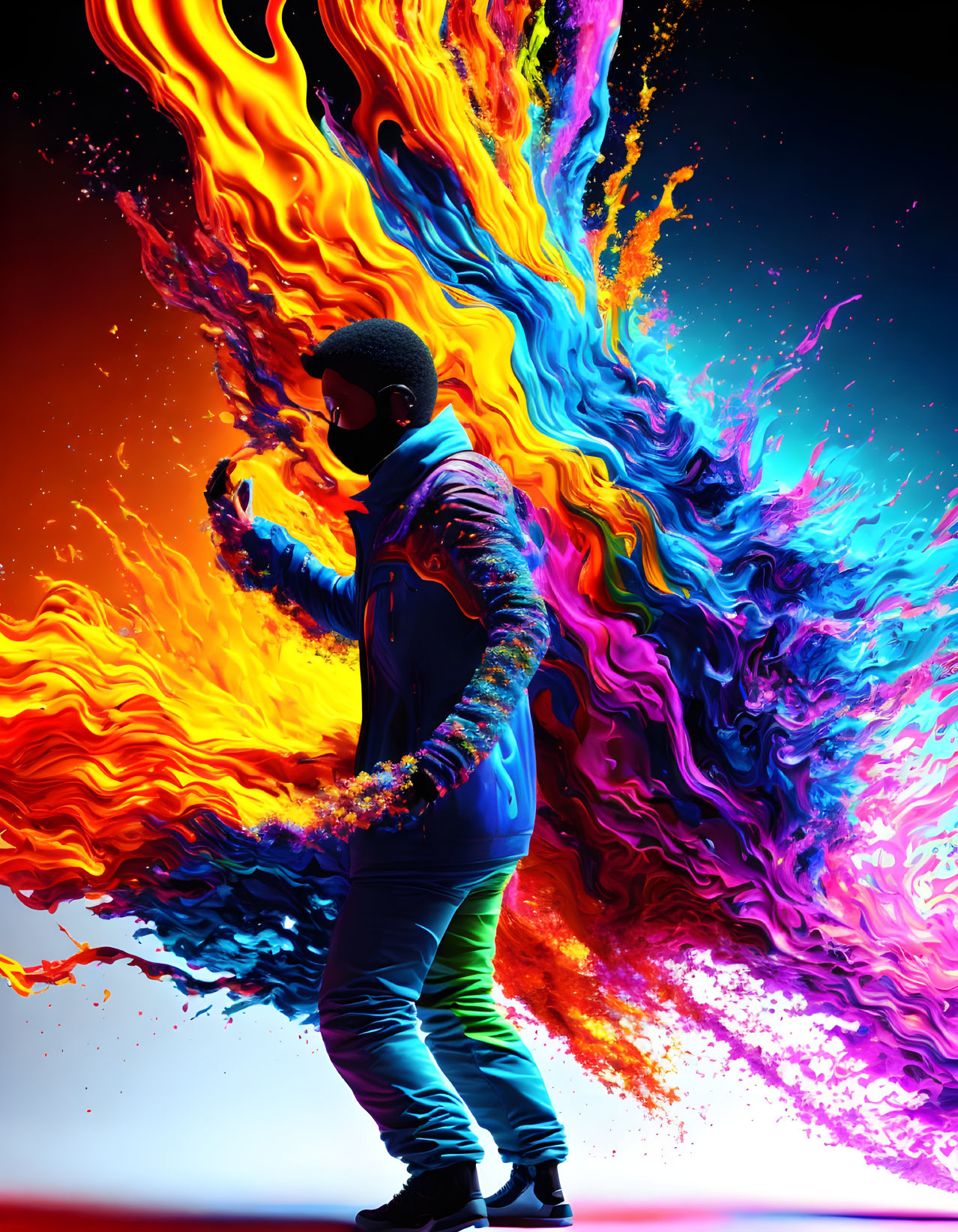 Person in Blue Jacket and Sunglasses with Fiery Liquid Colors