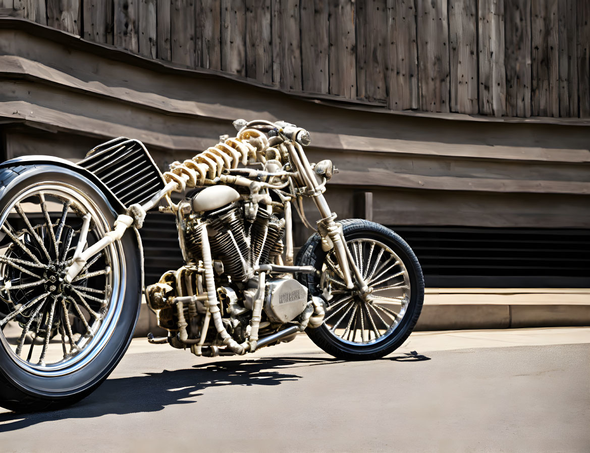 Custom skeletal design motorcycle against wooden wall