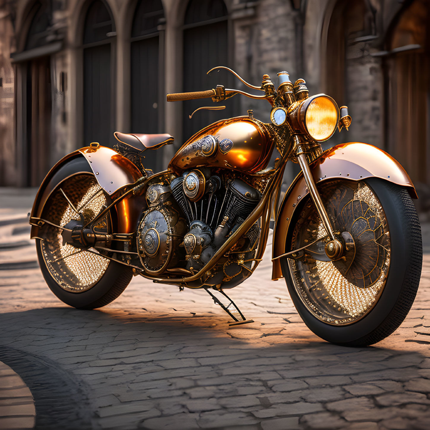 Steampunk motorcycle with brass, copper, iron and 