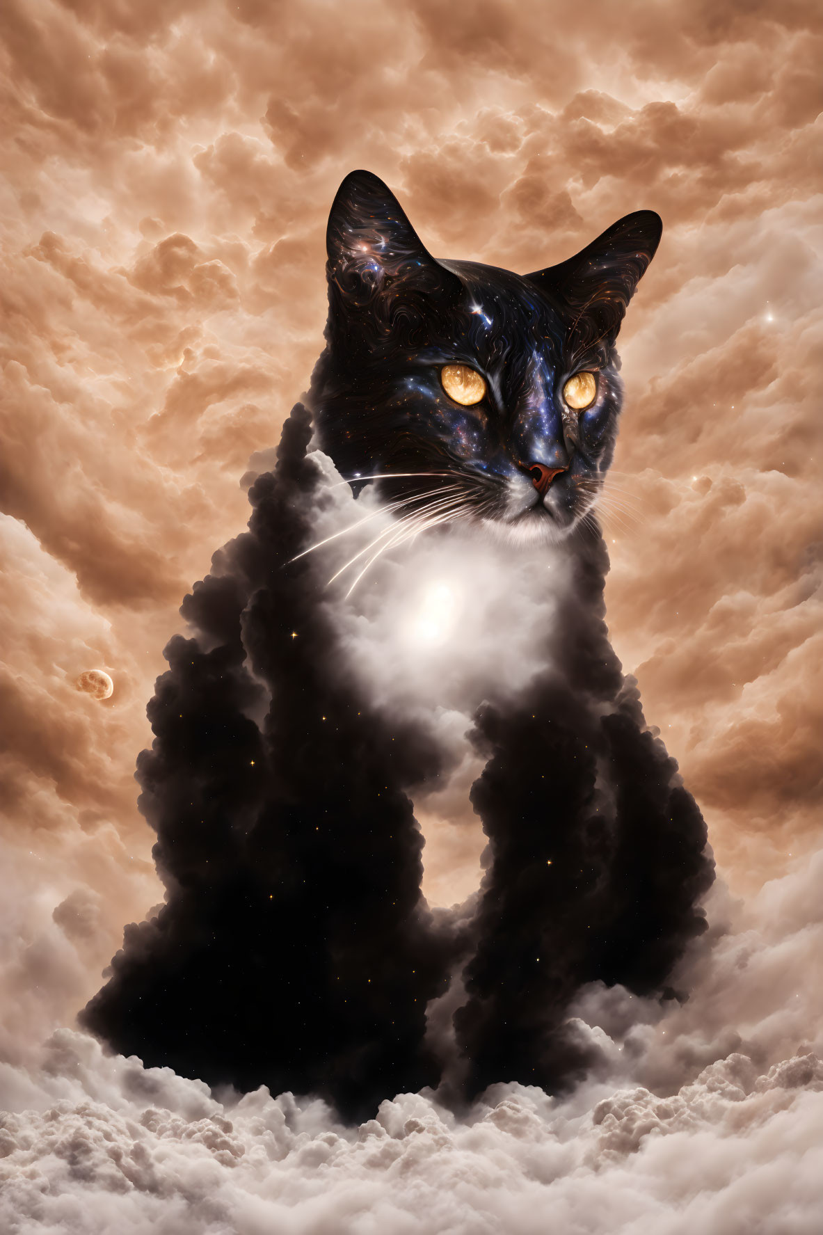 Cosmic black cat with galaxy patterns on golden cloud backdrop