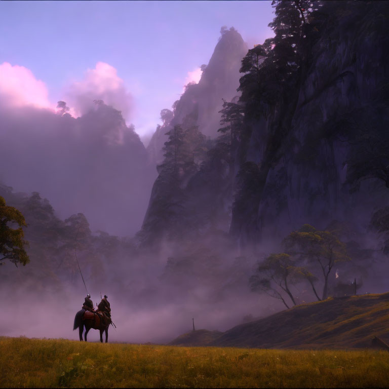 Two Horseback Riders in Misty Mountain Landscape at Sunrise or Sunset
