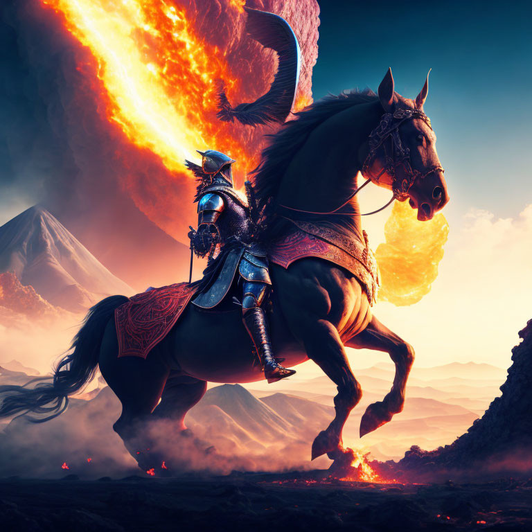 Knight in armor riding horse in fiery landscape with massive comet.