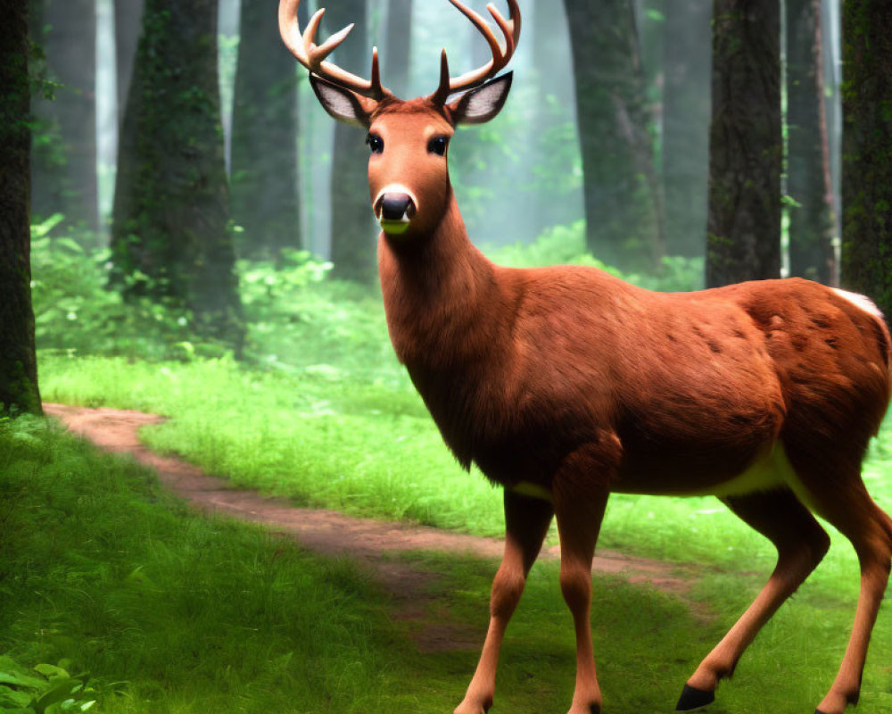 Brown deer with antlers in lush forest setting with soft light