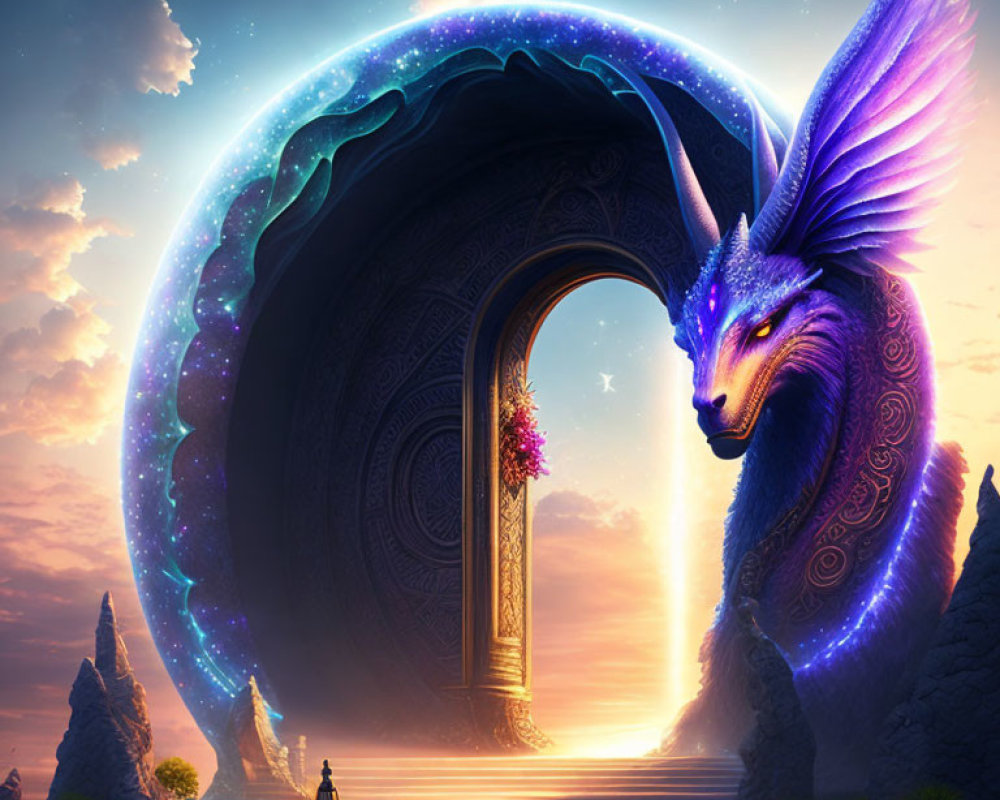 Colossal blue dragon with purple wings near ornate archway at sunrise or sunset