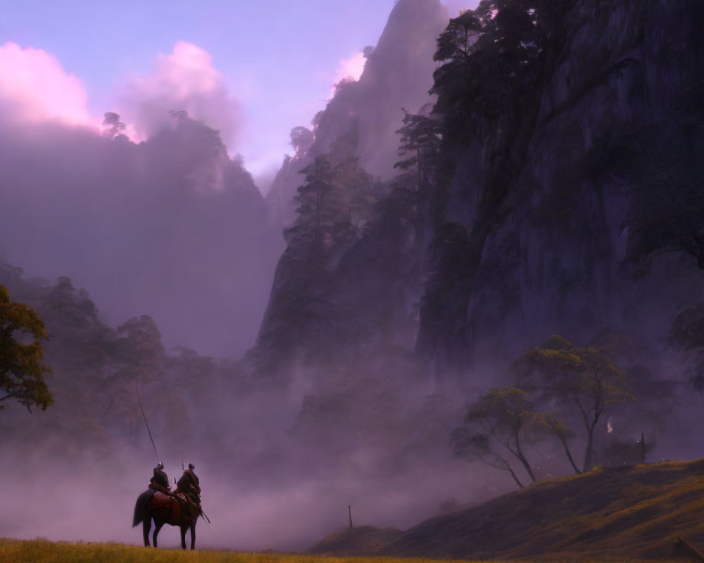Two Horseback Riders in Misty Mountain Landscape at Sunrise or Sunset