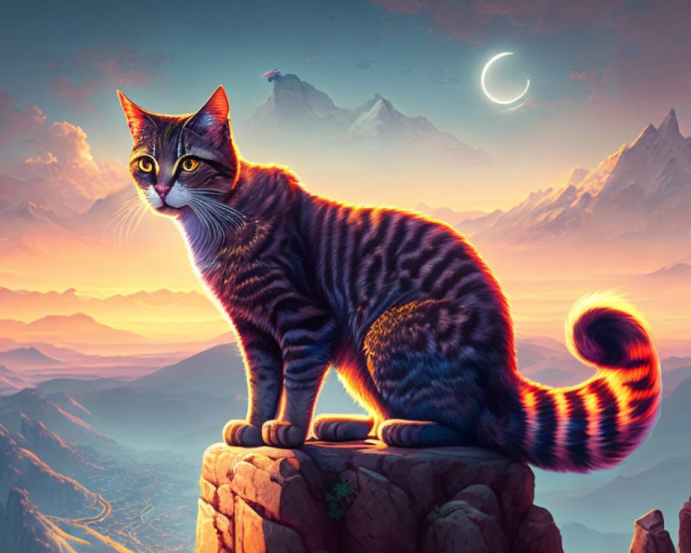 Striped Cat Sunset Cliff Landscape with Mountains and Crescent Moon