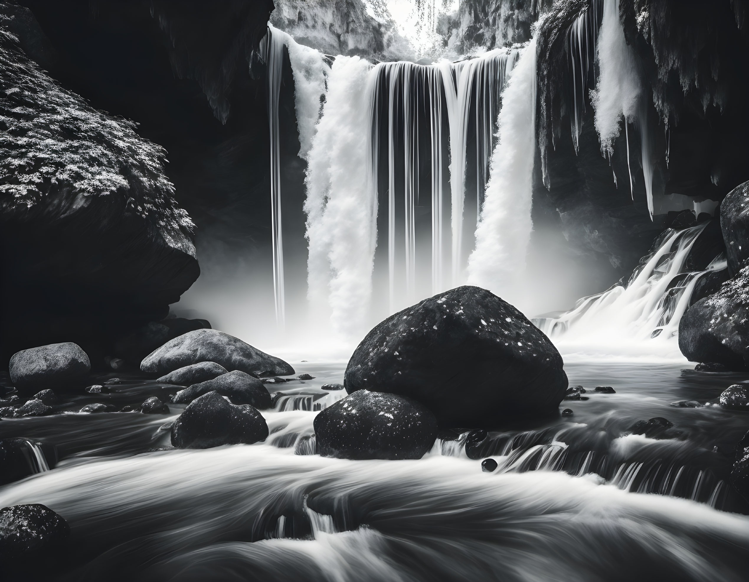 Majestic monochrome waterfall scene with icy rocks and hanging icicles
