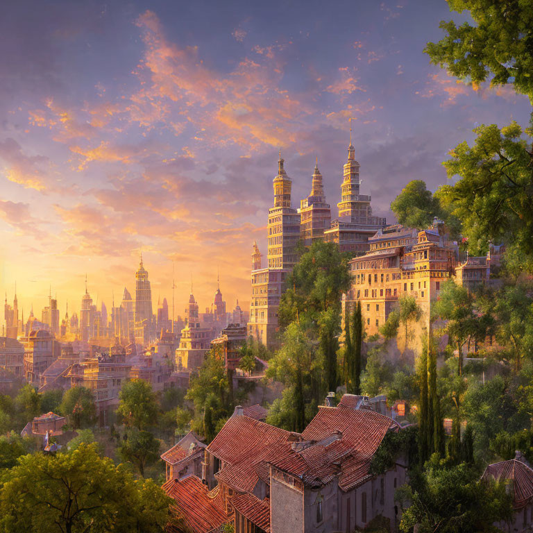Golden sunset illuminates ornate city towers in dreamy cityscape