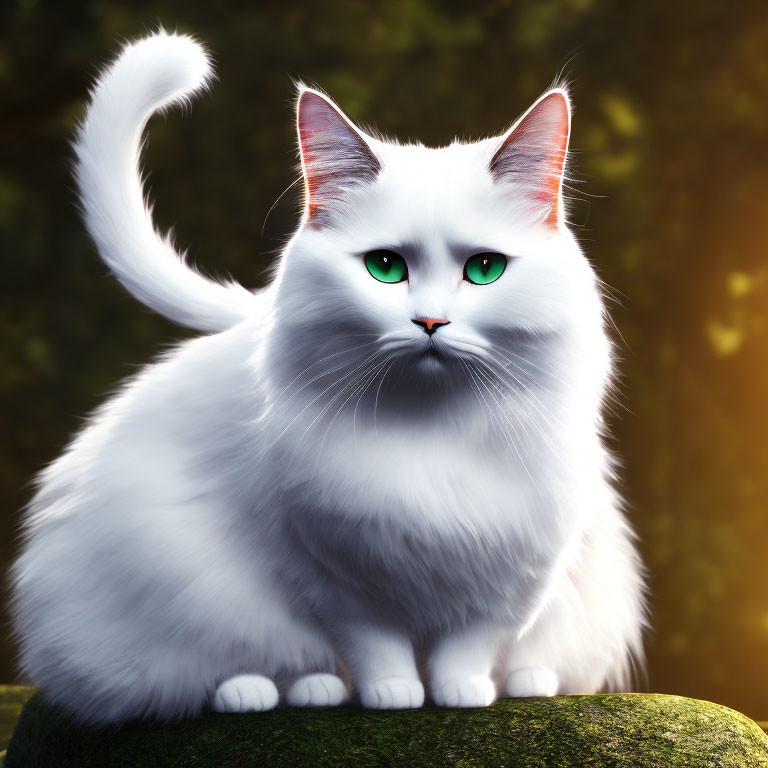 White Cat with Green Eyes on Moss-Covered Rock in Sunlit Forest