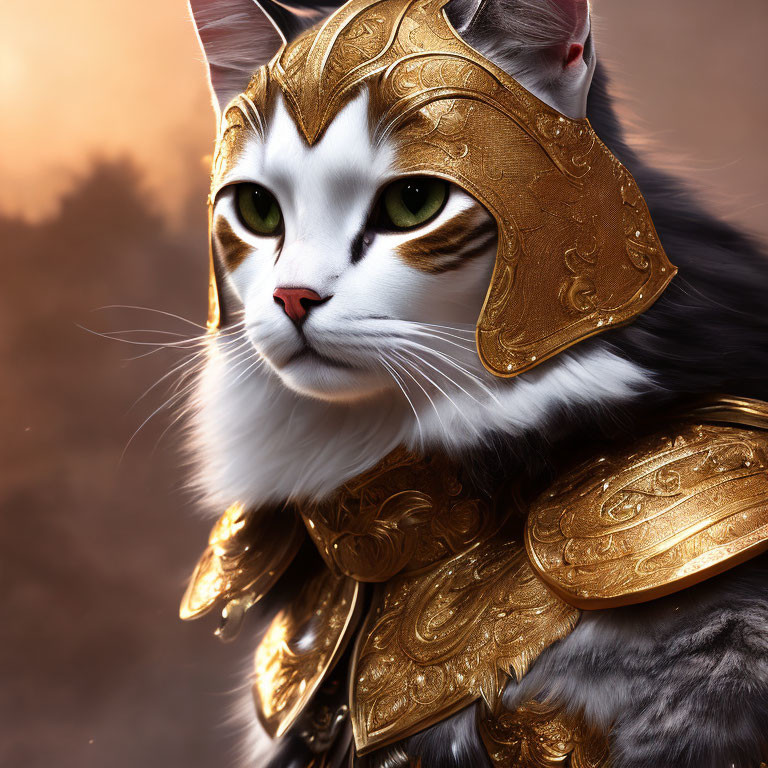 Majestic cat in golden armor against warm sunset background