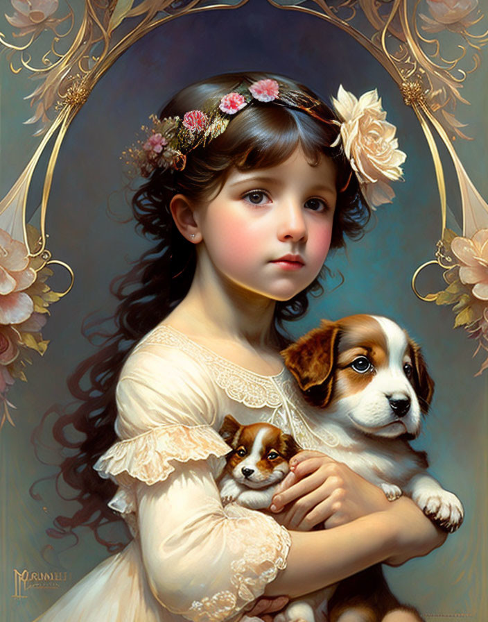 Young girl with flower crown posing with puppy in ornate golden frame